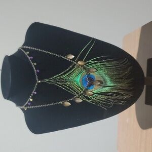 Vintage Bohemian Peacock Feather 2 strand beaded charm choker bronze necklace